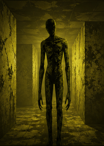 Original editorial reference art of a mold-covered silhouette in a yellow maze-like hallway