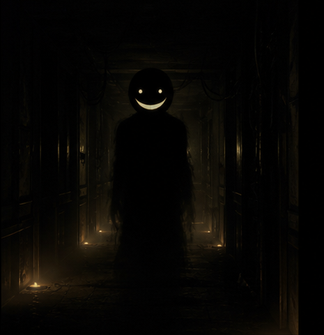 Original editorial reference art of a glowing smile silhouette in a blackout hallway