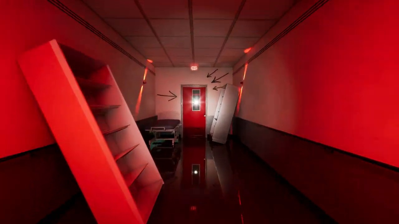 Backrooms Escape Together Level Run red exit door marked by wall arrow